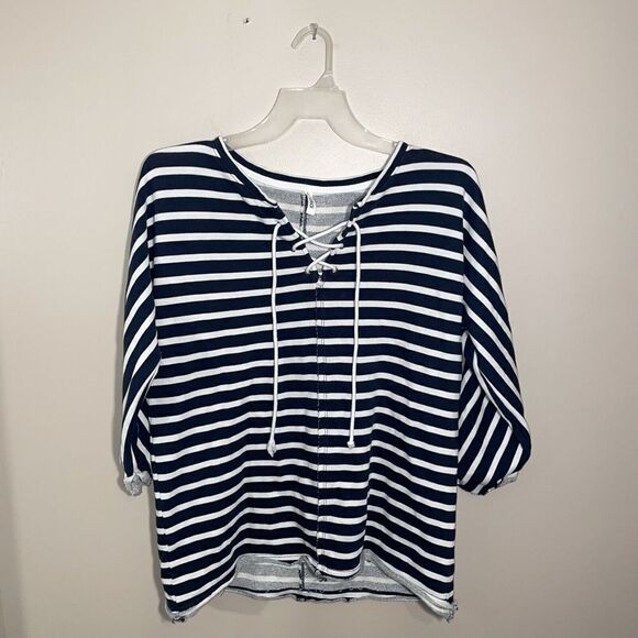 Jag Debbie Stripe Lace Up Top Womens Large Coastal Grandma Navy Blue - Picture 2 of 6